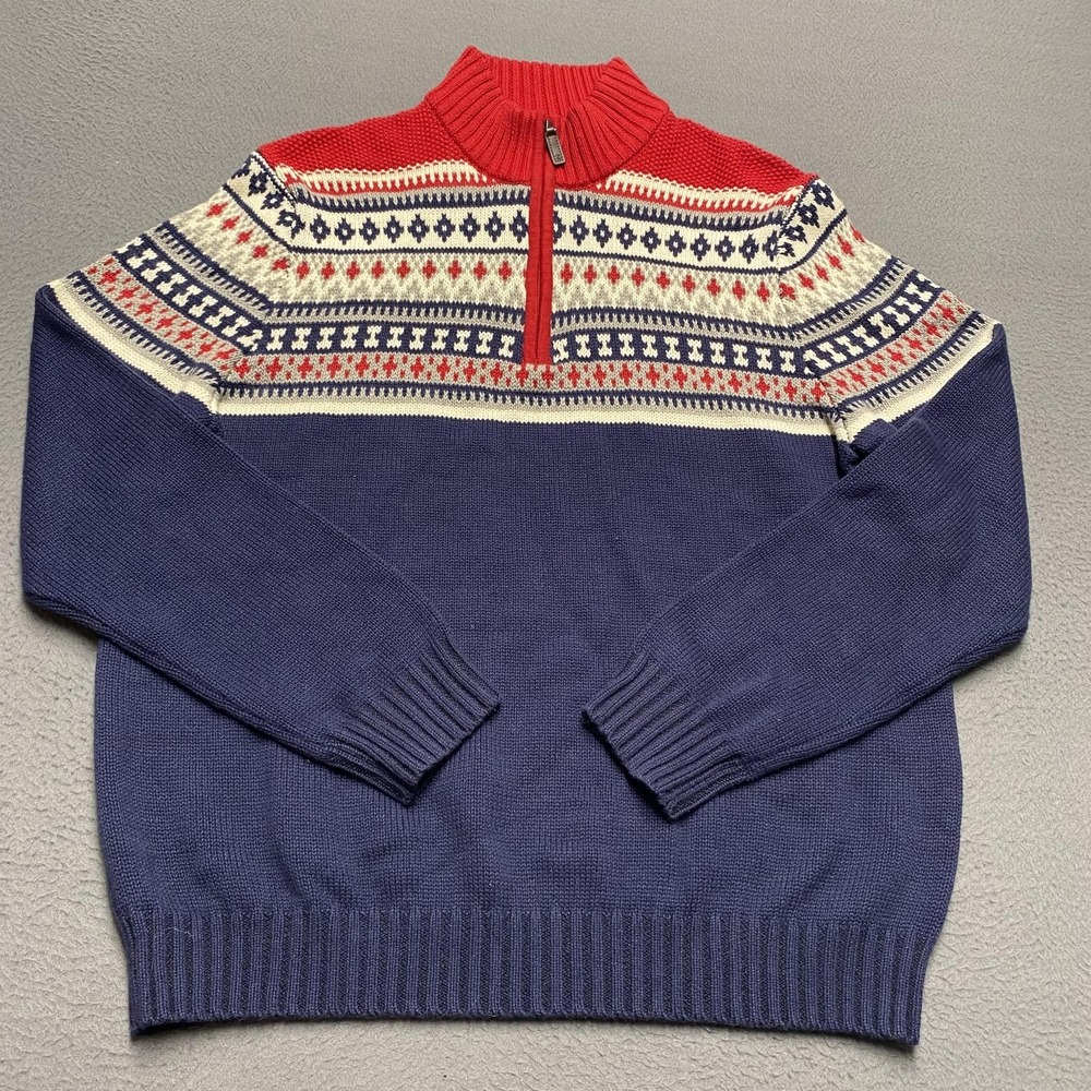 IZOD Sweater Mens L Blue 1/4 Zip Mock Neck Fair‎ Isle Tight-Knit Pullover